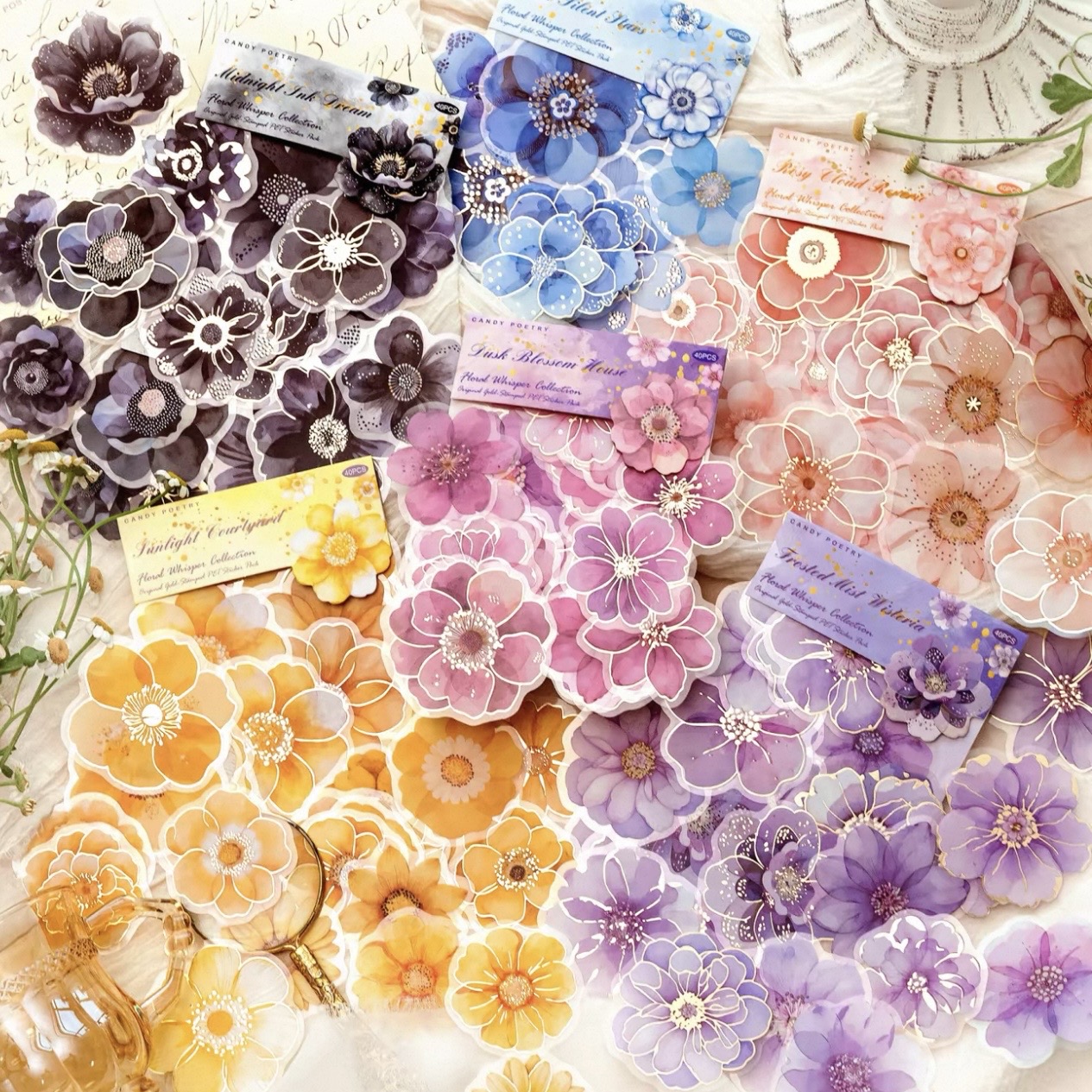 Colorful floral custom die-cut stickers in multiple artwork variations.