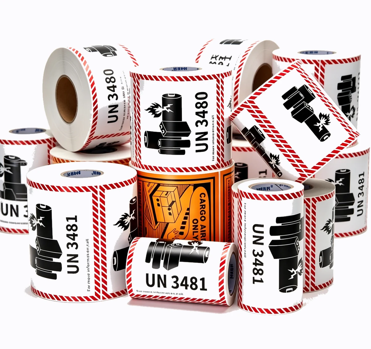 Lithium battery handling labels supplied on rolls for industrial packaging.