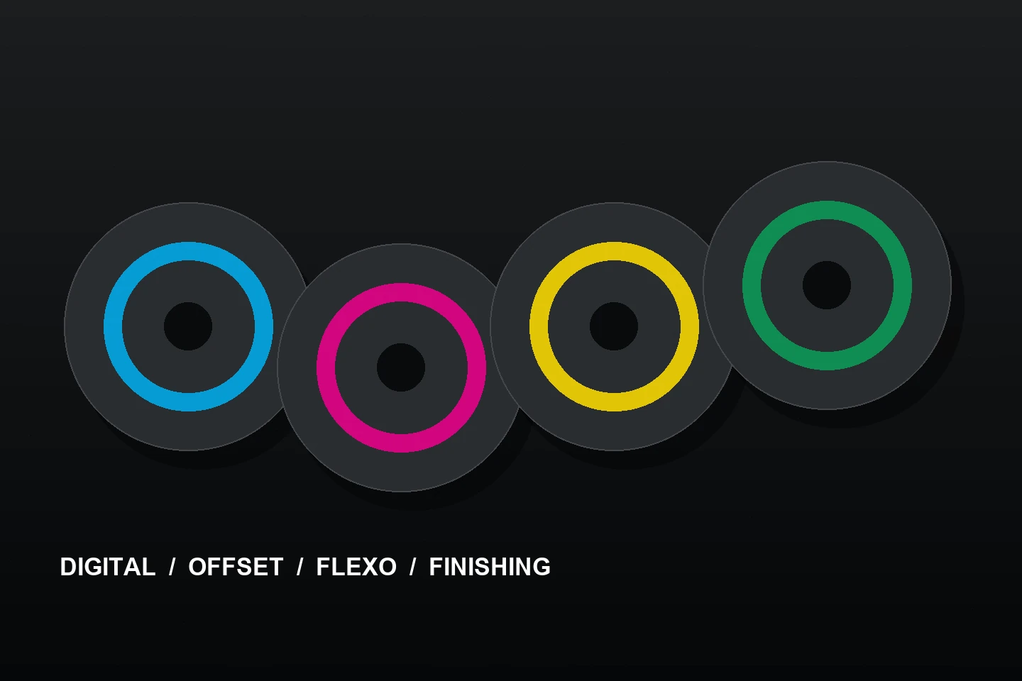 Illustrated print rolls representing digital, offset, flexographic, and finishing production routes.