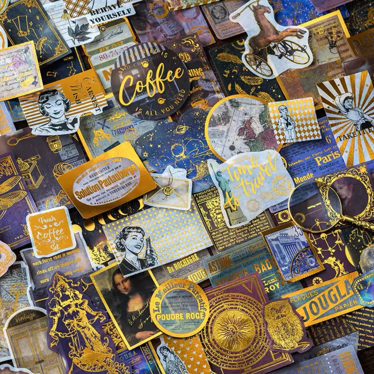 A coordinated sticker collection with metallic gold finishing details.