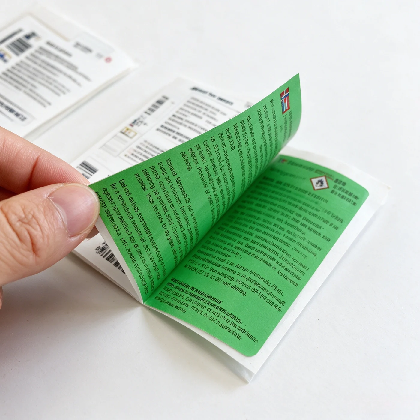 A green multi-layer product label opened to reveal additional printed content.