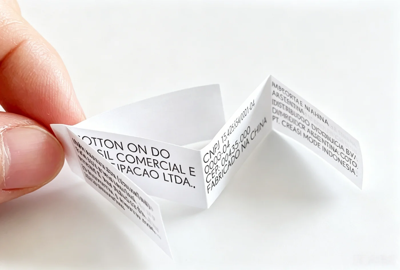 A white multi-layer label construction displayed across its printed panels.