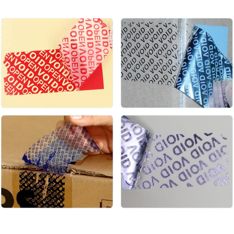 Several VOID security label constructions shown before and after removal.