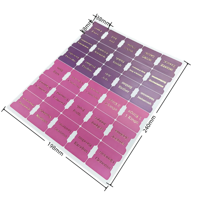 Several coordinated printed sticker sheets in purple and multicolor designs.