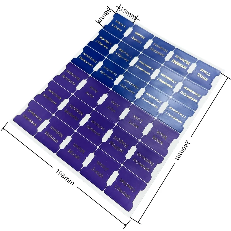 A full sheet of dark blue printed indexing tabs with a measured layout.