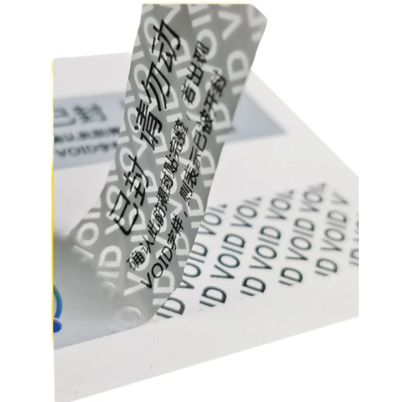 A transparent tamper-evident label leaving a VOID message after removal.
