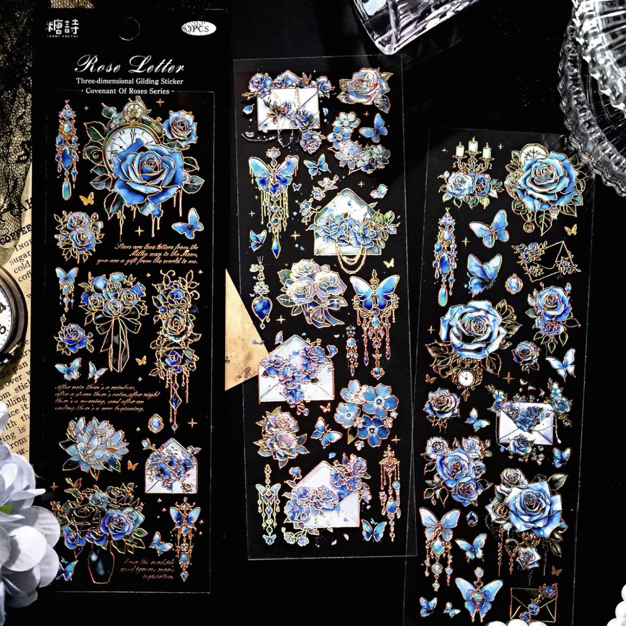 Close-up of blue illustrated artwork printed on a custom label sheet.