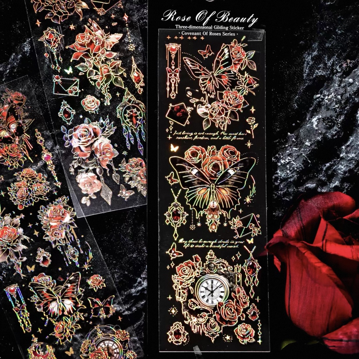 Close-up of rose artwork printed and kiss-cut on a label sheet.